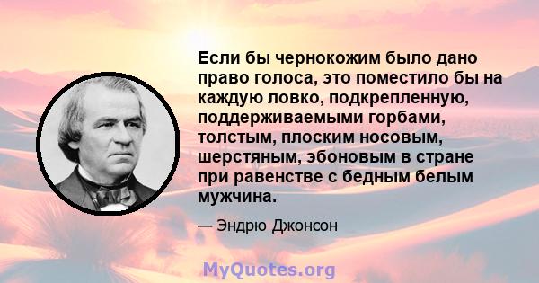 Если бы чернокожим было дано право голоса, это поместило бы на каждую ловко, подкрепленную, поддерживаемыми горбами, толстым, плоским носовым, шерстяным, эбоновым в стране при равенстве с бедным белым мужчина.