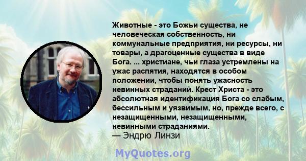 Животные - это Божьи существа, не человеческая собственность, ни коммунальные предприятия, ни ресурсы, ни товары, а драгоценные существа в виде Бога. ... христиане, чьи глаза устремлены на ужас распятия, находятся в