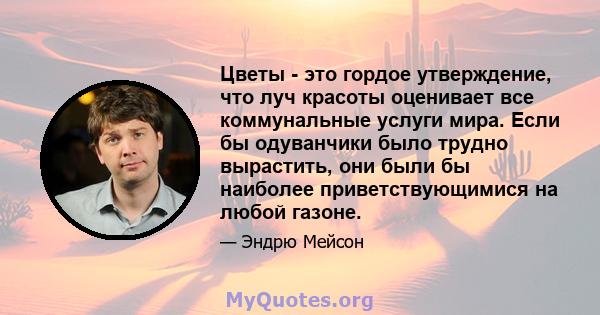 Цветы - это гордое утверждение, что луч красоты оценивает все коммунальные услуги мира. Если бы одуванчики было трудно вырастить, они были бы наиболее приветствующимися на любой газоне.