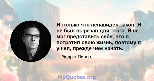 Я только что ненавидел закон. Я не был вырезан для этого. Я не мог представить себе, что я потратил свою жизнь, поэтому я ушел, прежде чем начать.