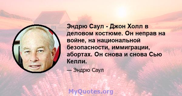 Эндрю Саул - Джон Холл в деловом костюме. Он неправ на войне, на национальной безопасности, иммиграции, абортах. Он снова и снова Сью Келли.