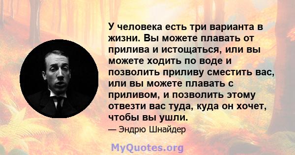 У человека есть три варианта в жизни. Вы можете плавать от прилива и истощаться, или вы можете ходить по воде и позволить приливу сместить вас, или вы можете плавать с приливом, и позволить этому отвезти вас туда, куда