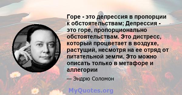 Горе - это депрессия в пропорции к обстоятельствам; Депрессия - это горе, пропорционально обстоятельствам. Это дистресс, который процветает в воздухе, растущий, несмотря на ее отряд от питательной земли. Это можно