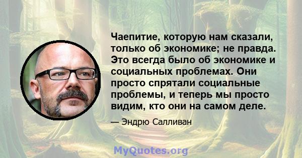 Чаепитие, которую нам сказали, только об экономике; не правда. Это всегда было об экономике и социальных проблемах. Они просто спрятали социальные проблемы, и теперь мы просто видим, кто они на самом деле.