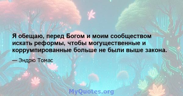 Я обещаю, перед Богом и моим сообществом искать реформы, чтобы могущественные и коррумпированные больше не были выше закона.