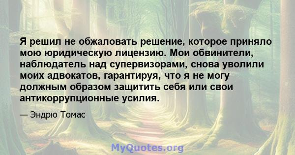 Я решил не обжаловать решение, которое приняло мою юридическую лицензию. Мои обвинители, наблюдатель над супервизорами, снова уволили моих адвокатов, гарантируя, что я не могу должным образом защитить себя или свои