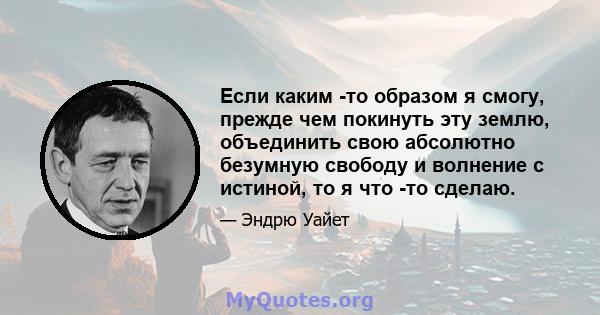 Если каким -то образом я смогу, прежде чем покинуть эту землю, объединить свою абсолютно безумную свободу и волнение с истиной, то я что -то сделаю.