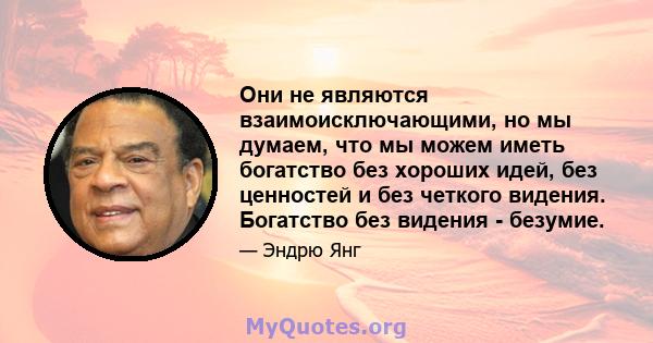 Они не являются взаимоисключающими, но мы думаем, что мы можем иметь богатство без хороших идей, без ценностей и без четкого видения. Богатство без видения - безумие.