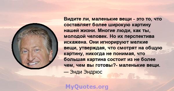 Видите ли, маленькие вещи - это то, что составляет более широкую картину нашей жизни. Многие люди, как ты, молодой человек. Но их перспектива искажена. Они игнорируют мелкие вещи, утверждая, что смотрят на общую