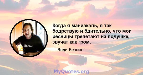 Когда я маниакаль, я так бодрствую и бдительно, что мои ресницы трепетают на подушке, звучат как гром.