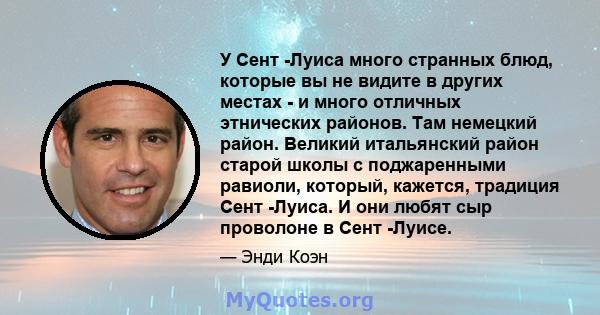 У Сент -Луиса много странных блюд, которые вы не видите в других местах - и много отличных этнических районов. Там немецкий район. Великий итальянский район старой школы с поджаренными равиоли, который, кажется,