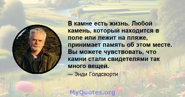 В камне есть жизнь. Любой камень, который находится в поле или лежит на пляже, принимает память об этом месте. Вы можете чувствовать, что камни стали свидетелями так много вещей.