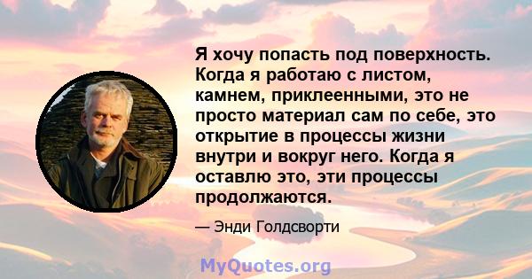 Я хочу попасть под поверхность. Когда я работаю с листом, камнем, приклеенными, это не просто материал сам по себе, это открытие в процессы жизни внутри и вокруг него. Когда я оставлю это, эти процессы продолжаются.