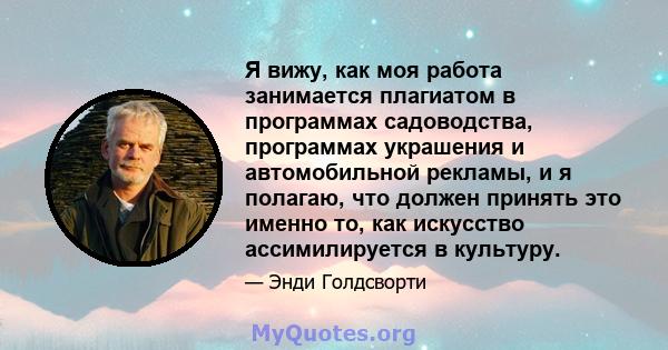 Я вижу, как моя работа занимается плагиатом в программах садоводства, программах украшения и автомобильной рекламы, и я полагаю, что должен принять это именно то, как искусство ассимилируется в культуру.