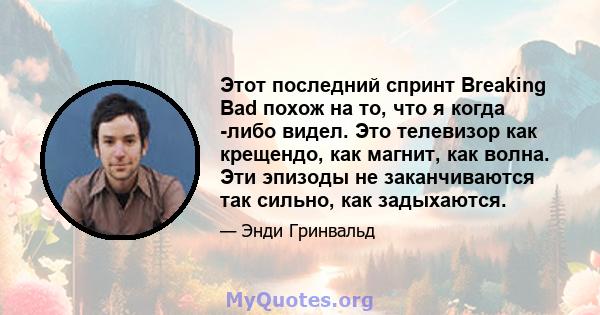 Этот последний спринт Breaking Bad похож на то, что я когда -либо видел. Это телевизор как крещендо, как магнит, как волна. Эти эпизоды не заканчиваются так сильно, как задыхаются.