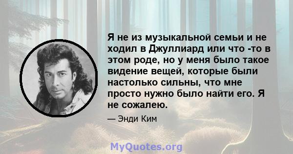 Я не из музыкальной семьи и не ходил в Джуллиард или что -то в этом роде, но у меня было такое видение вещей, которые были настолько сильны, что мне просто нужно было найти его. Я не сожалею.