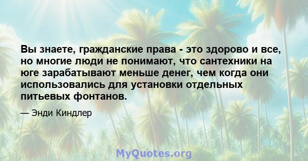 Вы знаете, гражданские права - это здорово и все, но многие люди не понимают, что сантехники на юге зарабатывают меньше денег, чем когда они использовались для установки отдельных питьевых фонтанов.