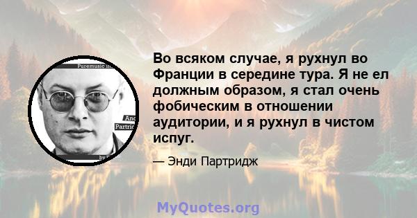 Во всяком случае, я рухнул во Франции в середине тура. Я не ел должным образом, я стал очень фобическим в отношении аудитории, и я рухнул в чистом испуг.