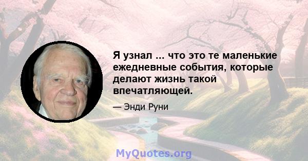 Я узнал ... что это те маленькие ежедневные события, которые делают жизнь такой впечатляющей.