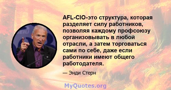 AFL-CIO-это структура, которая разделяет силу работников, позволяя каждому профсоюзу организовывать в любой отрасли, а затем торговаться сами по себе, даже если работники имеют общего работодателя.