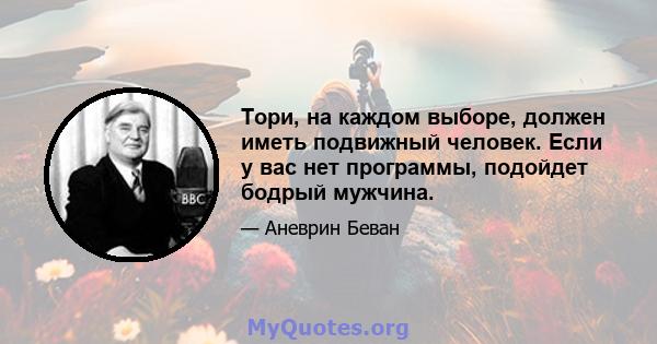 Тори, на каждом выборе, должен иметь подвижный человек. Если у вас нет программы, подойдет бодрый мужчина.