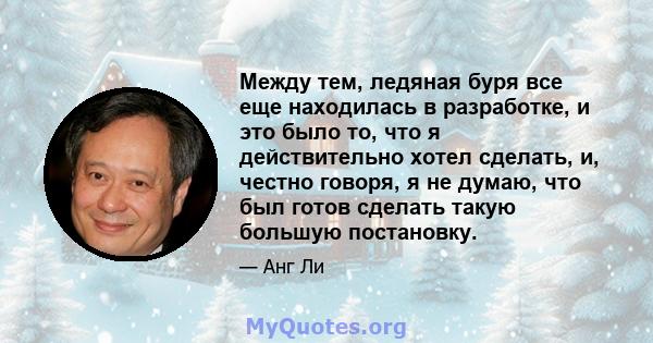 Между тем, ледяная буря все еще находилась в разработке, и это было то, что я действительно хотел сделать, и, честно говоря, я не думаю, что был готов сделать такую ​​большую постановку.