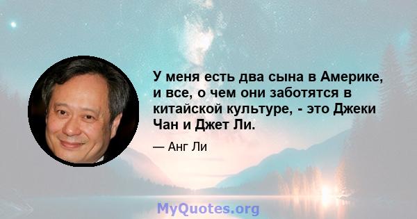 У меня есть два сына в Америке, и все, о чем они заботятся в китайской культуре, - это Джеки Чан и Джет Ли.