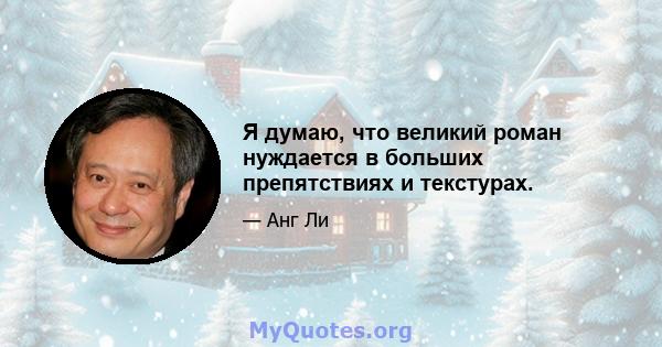 Я думаю, что великий роман нуждается в больших препятствиях и текстурах.