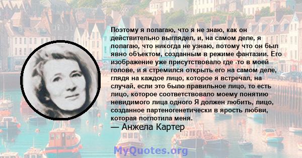 Поэтому я полагаю, что я не знаю, как он действительно выглядел, и, на самом деле, я полагаю, что никогда не узнаю, потому что он был явно объектом, созданным в режиме фантазии. Его изображение уже присутствовало где