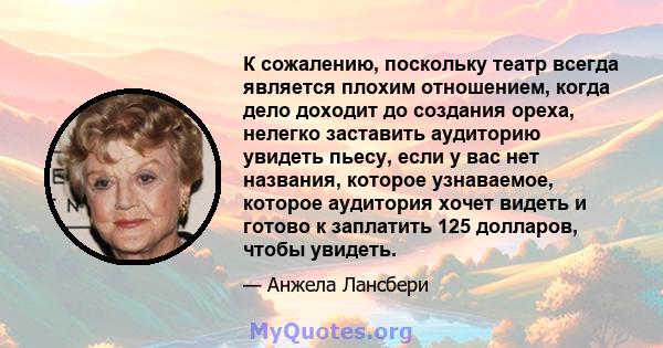 К сожалению, поскольку театр всегда является плохим отношением, когда дело доходит до создания ореха, нелегко заставить аудиторию увидеть пьесу, если у вас нет названия, которое узнаваемое, которое аудитория хочет