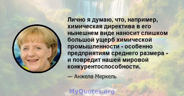 Лично я думаю, что, например, химическая директива в его нынешнем виде наносит слишком большой ущерб химической промышленности - особенно предприятиям среднего размера - и повредит нашей мировой конкурентоспособности.