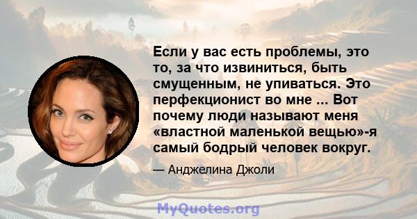 Если у вас есть проблемы, это то, за что извиниться, быть смущенным, не упиваться. Это перфекционист во мне ... Вот почему люди называют меня «властной маленькой вещью»-я самый бодрый человек вокруг.