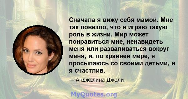 Сначала я вижу себя мамой. Мне так повезло, что я играю такую ​​роль в жизни. Мир может понравиться мне, ненавидеть меня или разваливаться вокруг меня, и, по крайней мере, я просыпаюсь со своими детьми, и я счастлив.