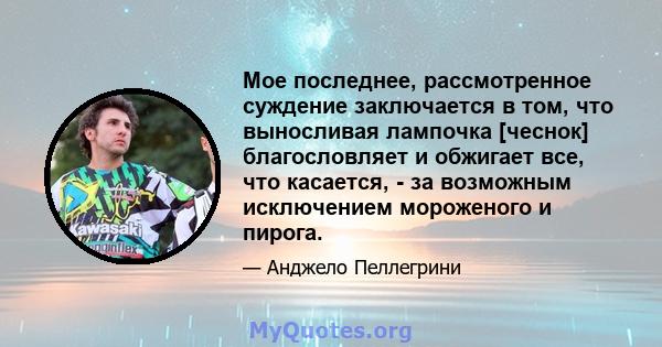 Мое последнее, рассмотренное суждение заключается в том, что выносливая лампочка [чеснок] благословляет и обжигает все, что касается, - за возможным исключением мороженого и пирога.