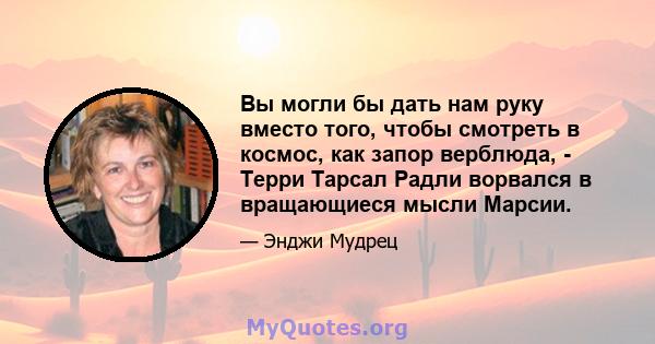 Вы могли бы дать нам руку вместо того, чтобы смотреть в космос, как запор верблюда, - Терри Тарсал Радли ворвался в вращающиеся мысли Марсии.