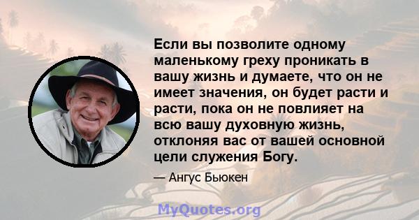 Если вы позволите одному маленькому греху проникать в вашу жизнь и думаете, что он не имеет значения, он будет расти и расти, пока он не повлияет на всю вашу духовную жизнь, отклоняя вас от вашей основной цели служения