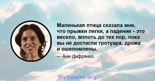 Маленькая птица сказала мне, что прыжки легки, а падение - это весело, вплоть до тех пор, пока вы не достигли тротуара, дрожа и ошеломлены.