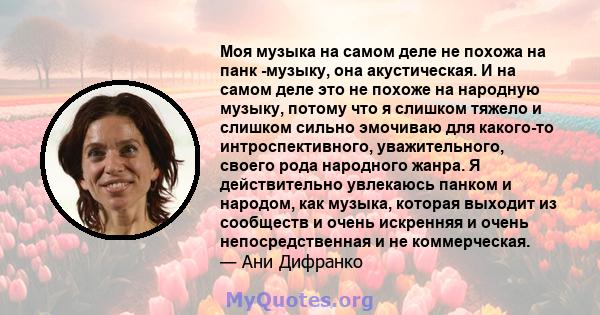 Моя музыка на самом деле не похожа на панк -музыку, она акустическая. И на самом деле это не похоже на народную музыку, потому что я слишком тяжело и слишком сильно эмочиваю для какого-то интроспективного,