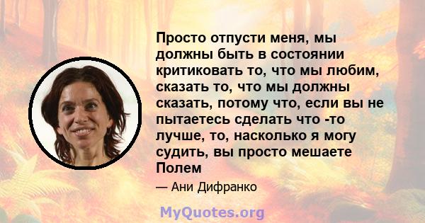 Просто отпусти меня, мы должны быть в состоянии критиковать то, что мы любим, сказать то, что мы должны сказать, потому что, если вы не пытаетесь сделать что -то лучше, то, насколько я могу судить, вы просто мешаете