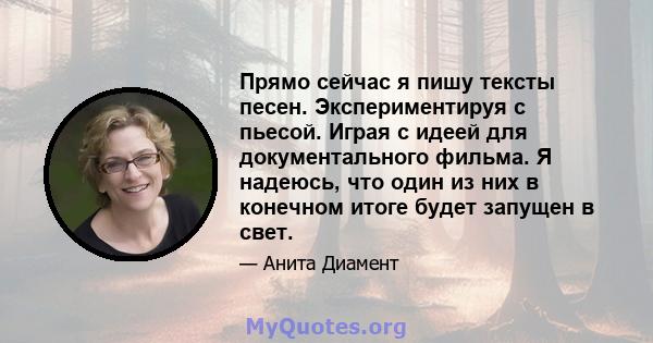 Прямо сейчас я пишу тексты песен. Экспериментируя с пьесой. Играя с идеей для документального фильма. Я надеюсь, что один из них в конечном итоге будет запущен в свет.