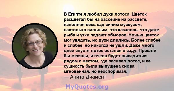 В Египте я любил духи лотоса. Цветок расцветал бы на бассейне на рассвете, наполняя весь сад синим мускусом, настолько сильным, что казалось, что даже рыба и утки падают обморок. Ночью цветок мог увядать, но духи