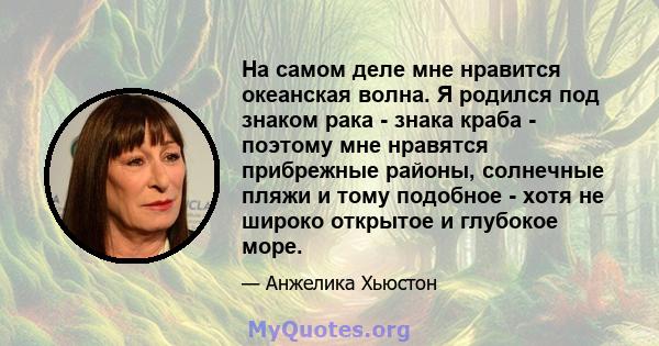 На самом деле мне нравится океанская волна. Я родился под знаком рака - знака краба - поэтому мне нравятся прибрежные районы, солнечные пляжи и тому подобное - хотя не широко открытое и глубокое море.