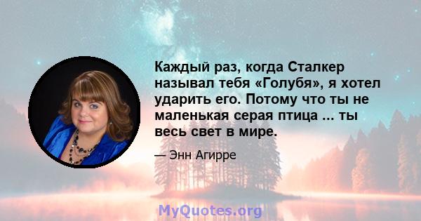 Каждый раз, когда Сталкер называл тебя «Голубя», я хотел ударить его. Потому что ты не маленькая серая птица ... ты весь свет в мире.