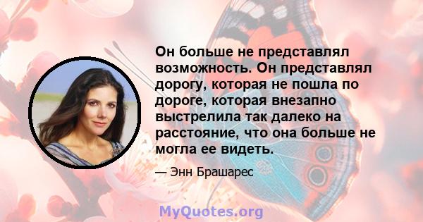 Он больше не представлял возможность. Он представлял дорогу, которая не пошла по дороге, которая внезапно выстрелила так далеко на расстояние, что она больше не могла ее видеть.