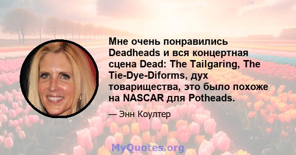 Мне очень понравились Deadheads и вся концертная сцена Dead: The Tailgaring, The Tie-Dye-Diforms, дух товарищества, это было похоже на NASCAR для Potheads.