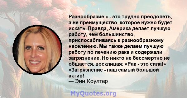 Разнообразие « - это трудно преодолеть, а не преимущество, которое нужно будет искать. Правда, Америка делает лучшую работу, чем большинство, приспосабливаясь к разнообразному населению. Мы также делаем лучшую работу по 