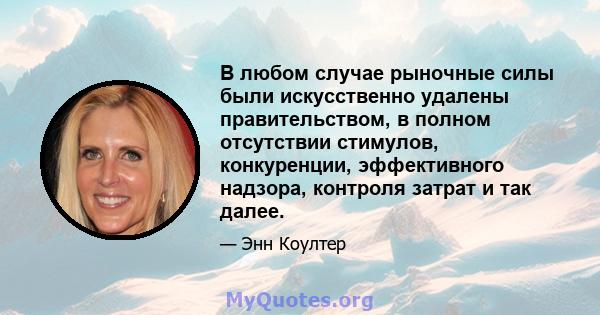 В любом случае рыночные силы были искусственно удалены правительством, в полном отсутствии стимулов, конкуренции, эффективного надзора, контроля затрат и так далее.