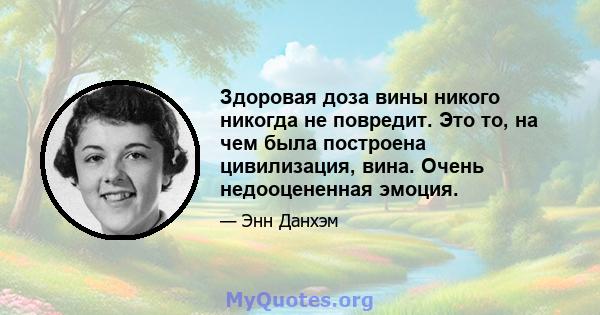 Здоровая доза вины никого никогда не повредит. Это то, на чем была построена цивилизация, вина. Очень недооцененная эмоция.