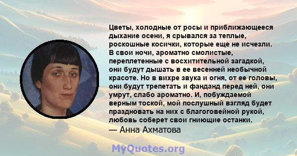 Цветы, холодные от росы и приближающееся дыхание осени, я срывался за теплые, роскошные косички, которые еще не исчезли. В свои ночи, ароматно смолистые, переплетенные с восхитительной загадкой, они будут дышать в ее