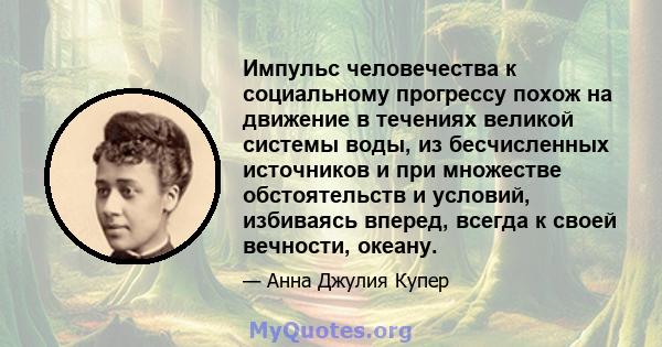 Импульс человечества к социальному прогрессу похож на движение в течениях великой системы воды, из бесчисленных источников и при множестве обстоятельств и условий, избиваясь вперед, всегда к своей вечности, океану.